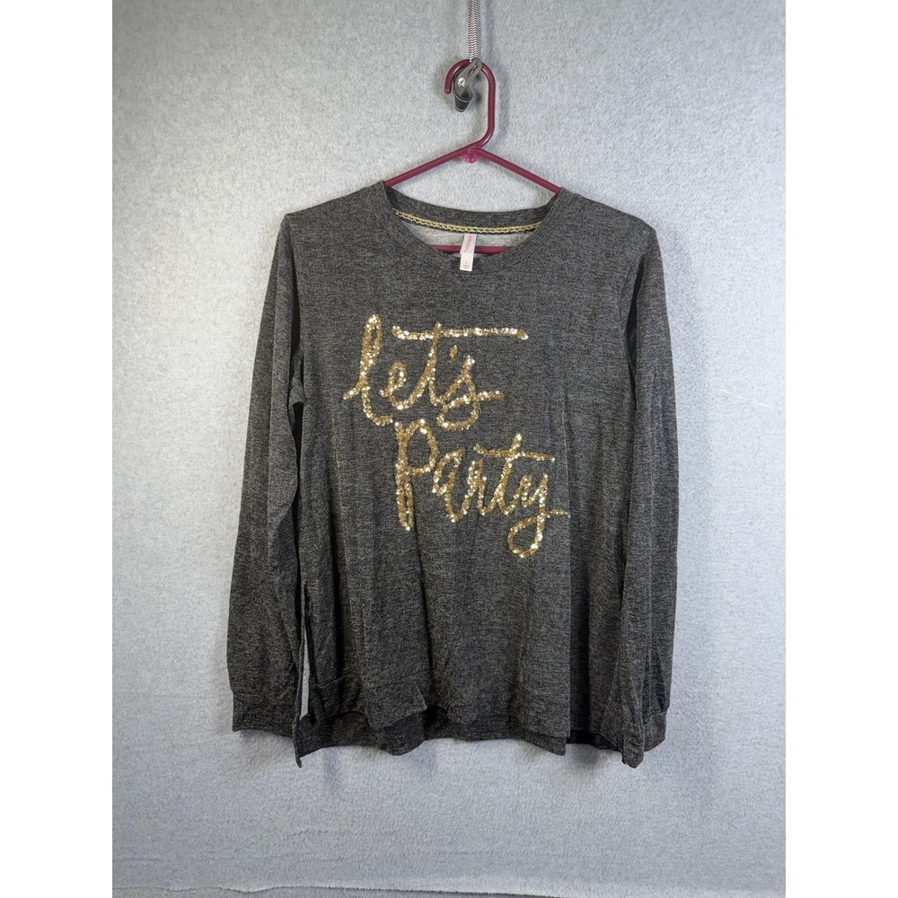 Xhilaration Shirt Womens Juniors Large Gray‎ Let's Party Sequin Long Sleeve Top